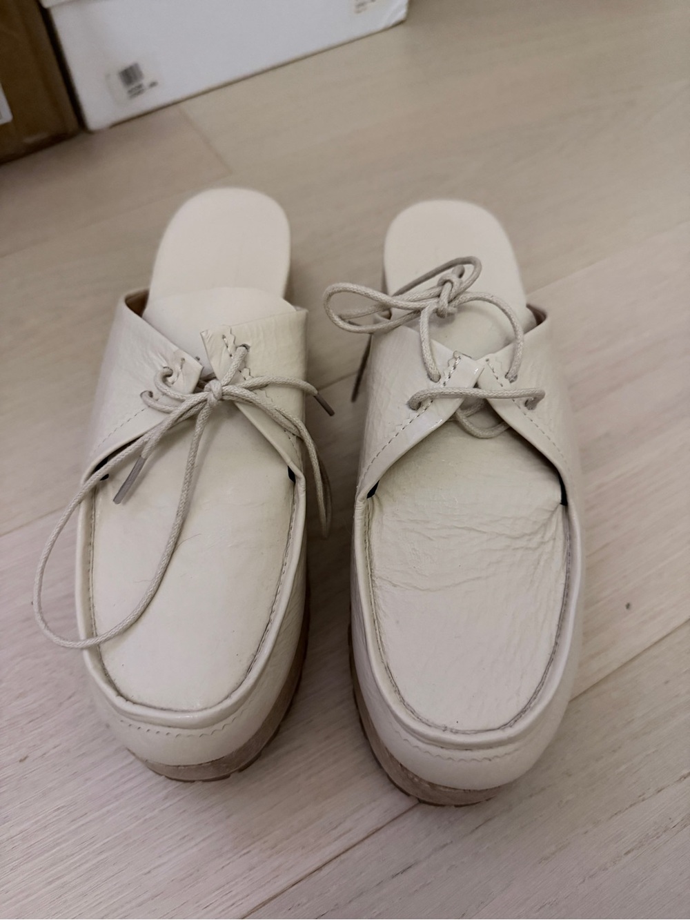 Rachel Comey Cream Leather Slip-On Mules with Lace Tie